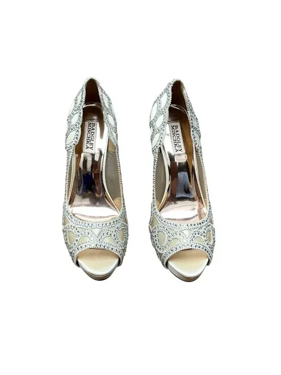 Badgley Mischka Ivory Crystal Embellished Peep Toe Heels Bridal Wedding Pumps - Picture 4 of 4